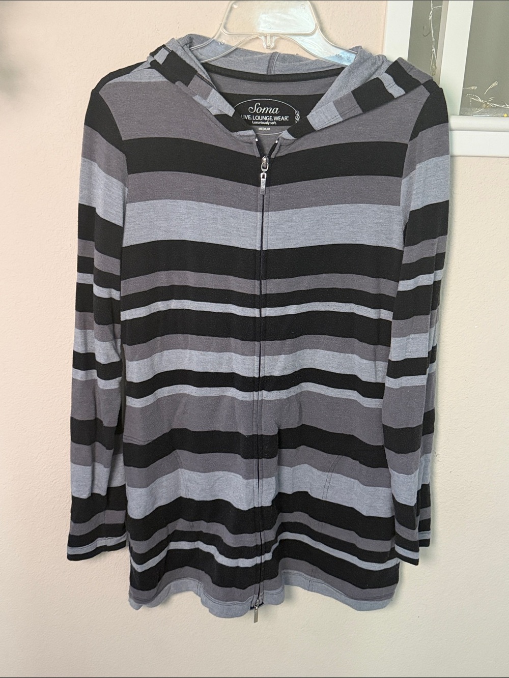 Soma Women’s Black & Gray Striped Zip Hoodie Sweatshirt Tunic Loungewear